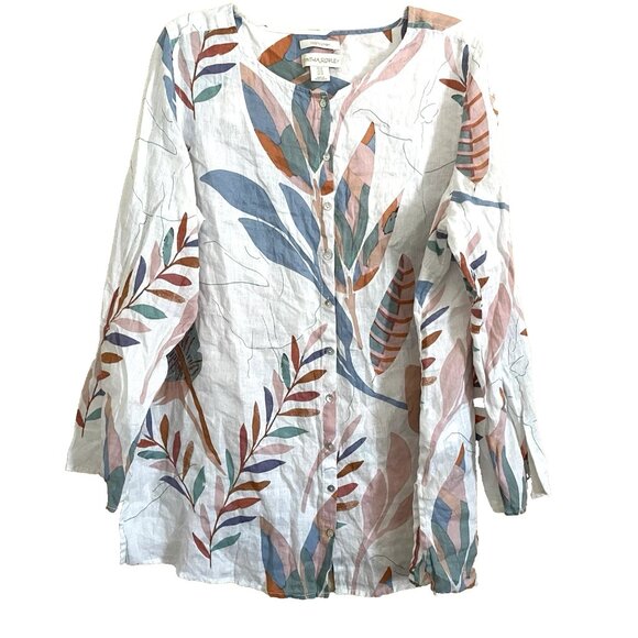Cynthia Rowley Floral Linen Tunic Top Shirt 1X Roll-tab Sleeve Tropical Vacation - Picture 2 of 13